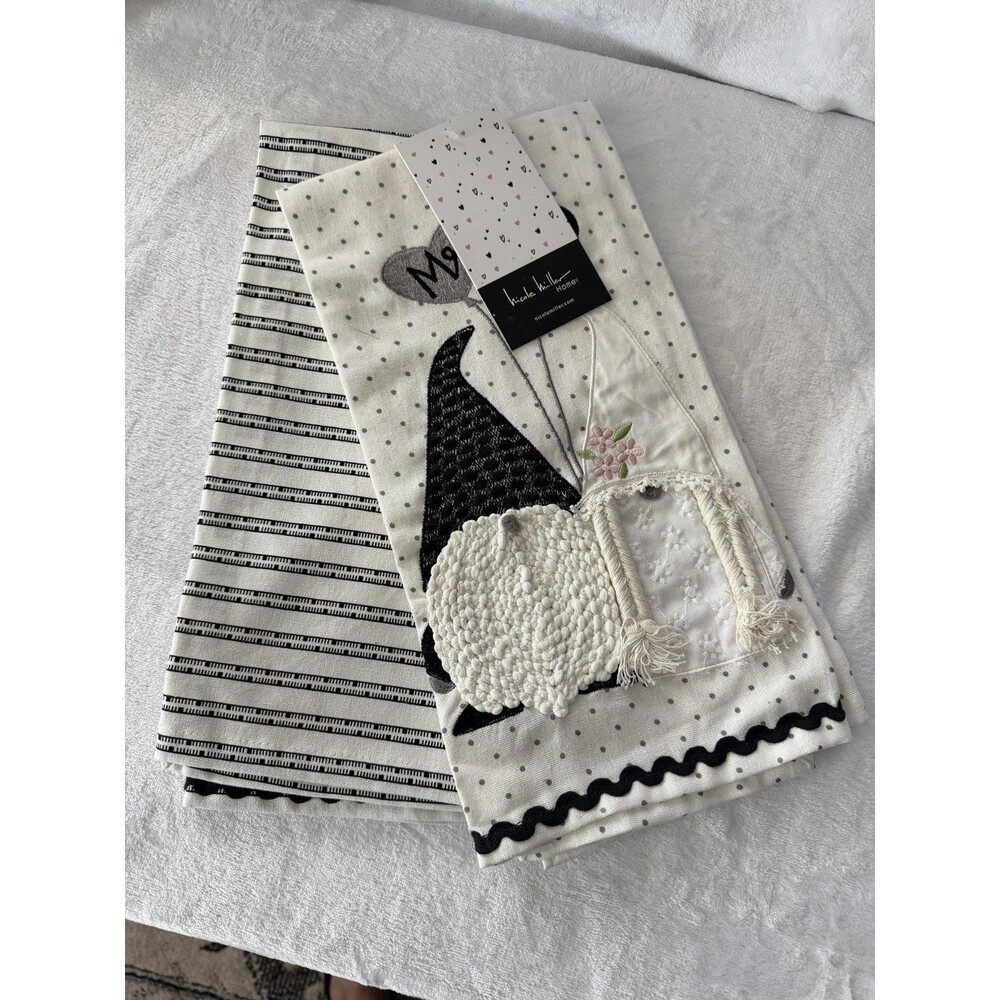 NEW Nicole Miller Mr & Mrs Gnome Set of 2 Kitchen Towels 20"x28" White Black
